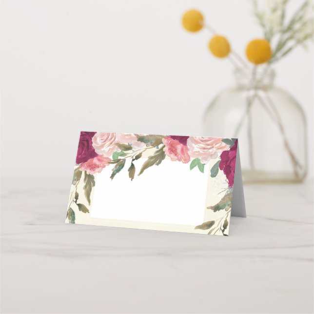 Rosa blütenbordeauxrote Hochzeitsplatz für Elfenbe Platzkarte (Vorderseite)