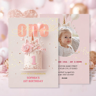 Rosa Blütenbraun Einhorn Stil Erster Geburtstag Folieneinladung