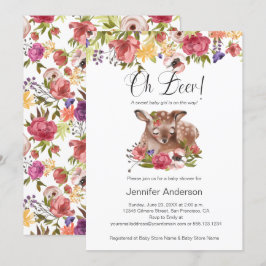 Rosa Blütenbraun Oh Deer Girl Baby Dusche Einladung