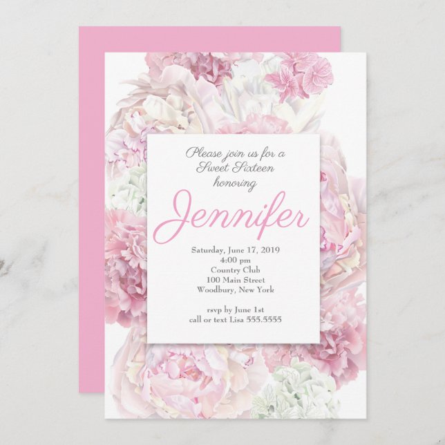 Rosa Blütenbraun Süß 16 Einladung (Vorne/Hinten)