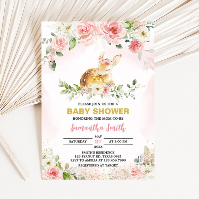 Rosa Blütendusche Einladung (Girl Floral Deer Baby Shower Invitation)