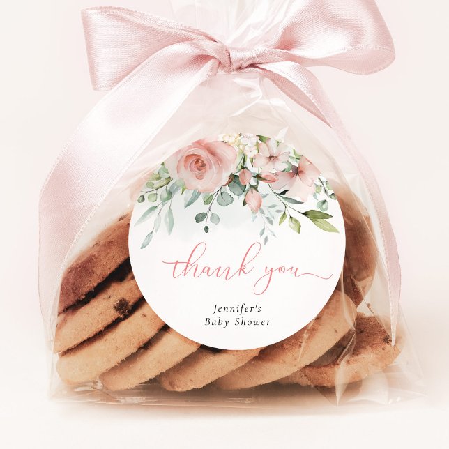 Rosa Blütendusche Eukalyptus Baby Dusche Danke Runder Aufkleber (Von Creator hochgeladen)