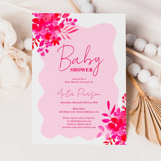 Rosa Blütendusche mit rosa Rahmen und rosa Blütend Einladung (Hot pink wavy frame red pink floral baby shower invitation)