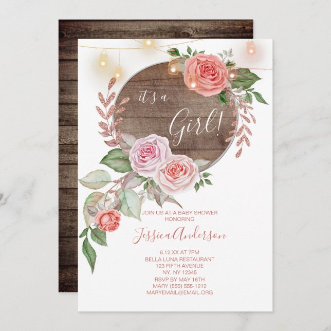 Rosa Blütendusche Rustikale Babydusche Einladung (Vorne/Hinten)