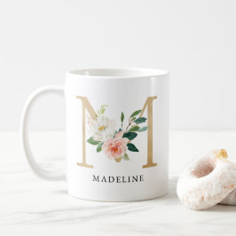 Rosa Blütenfarben, goldener Buchstaben M Monogramm Kaffeetasse