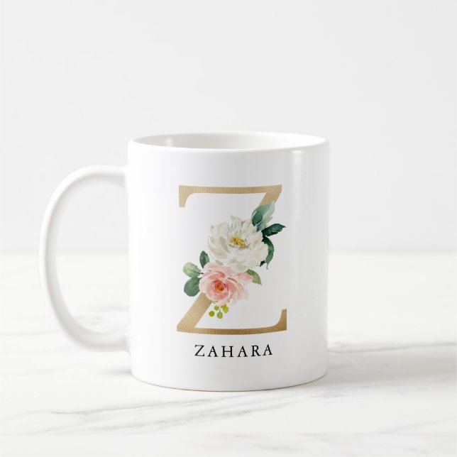 Rosa Blütenfarben, goldener Letter Z Monogramm Kaffeetasse (Links)