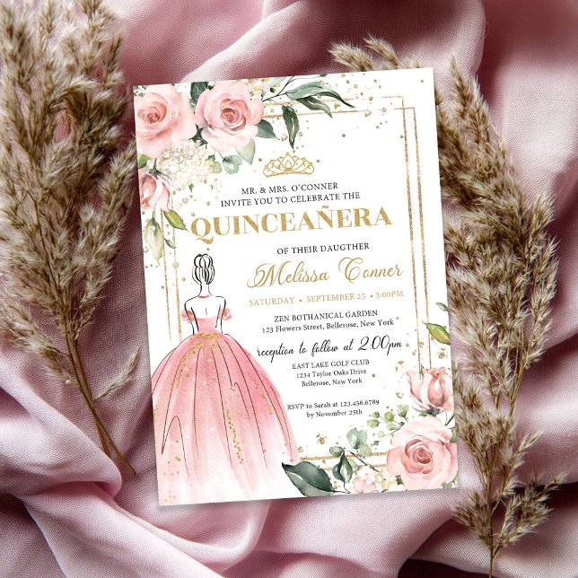 Rosa blütenfarbene Prinzessin kleidet goldenes Tia Einladung (Blush floral pink princess dress gold tiara 15th invitation)