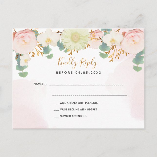 Rosa Blütenfloralen, weiß Hochzeit RSVP Postkarte (Vorderseite)