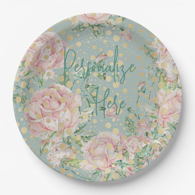 Rosa Blütengold aquamarine Vintage Pappteller (Vorderseite)