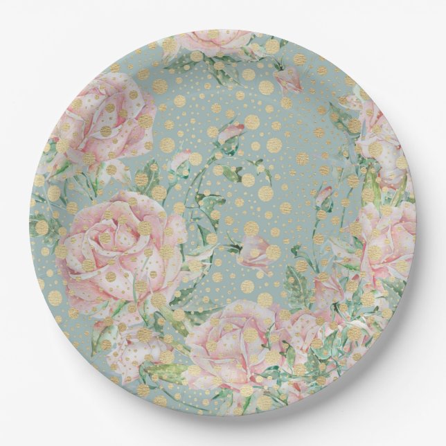 Rosa Blütengold aquamarine Vintage Pappteller (Vorderseite)