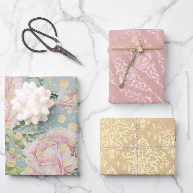Rosa Blütengold aquamariner Vintager Chic Elegant Geschenkpapier Set (Vorderseite)
