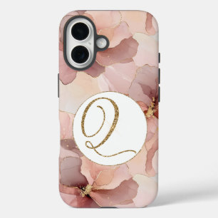 Rosa Blütengold Glitzer Letter Q iPhone 16 Hülle