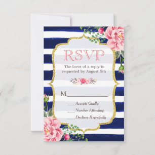 Rosa Blütengold Glitzer Navy Blau Streifen UAWG RSVP Karte