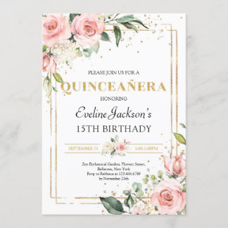 Rosa Blütengold Glitzer quinceanera Einladung