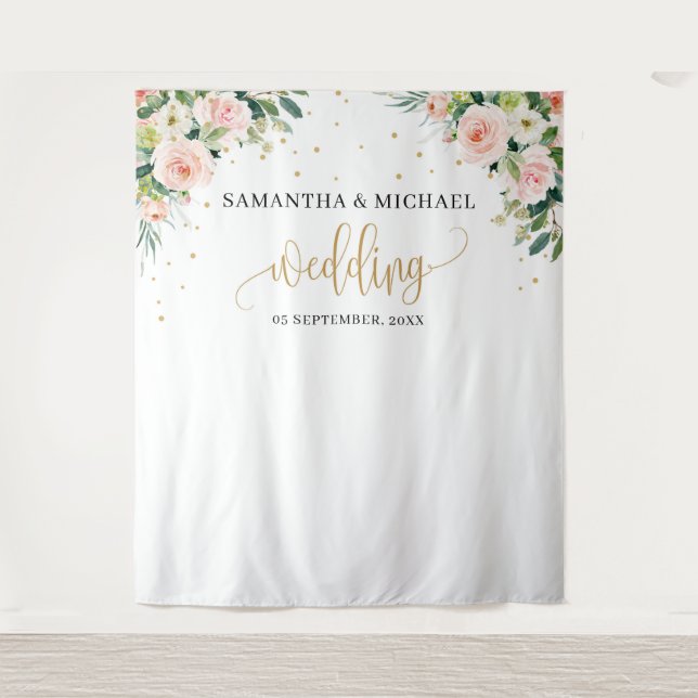 Rosa Blütengold Grüne Hochzeitskulisse Wandteppich (Vorderseite)