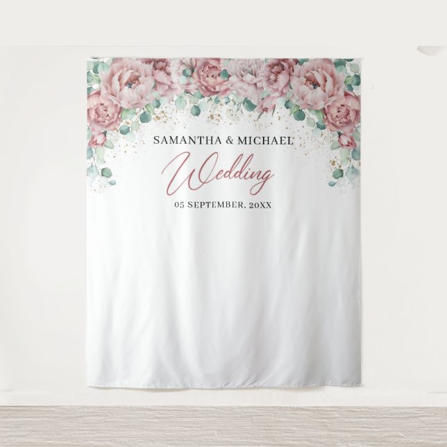 Rosa Blütengold Grüne Hochzeitskulisse Wandteppich (Vorderseite)