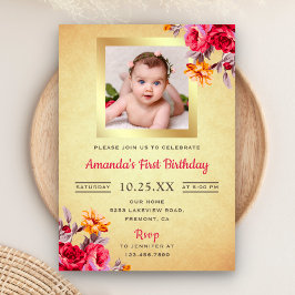 Rosa Blütengolden Glitzer Erster Geburtstag Einlad Einladung