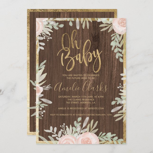 Rosa Blütengoldgrenze rustikales Holz Babydusche Einladung (Vorne/Hinten)