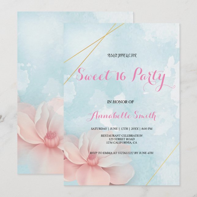 Rosa Blütengoldrahmen Blau Wasserfarbe Süß 16 Einladung (Vorne/Hinten)