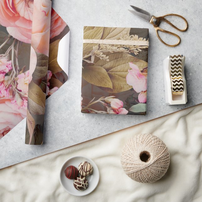 Rosa Blütengrün Eukalyptus Geschenkpapier (Kunsthandwerk)