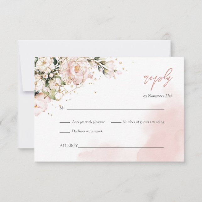 Rosa Blütengrün im Wasserfarbenfroh boho gold RSVP Karte (Vorderseite)