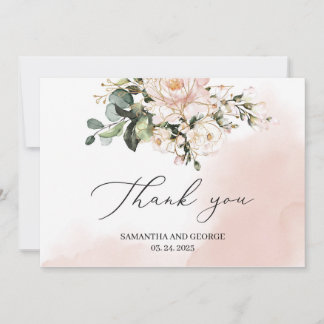 Rosa Blütengrün Wasserfarbe Rosa Hochzeit Gold Dankeskarte