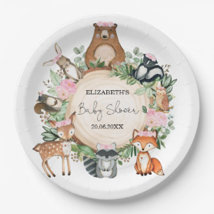 Rosa Blütengrün Woodland Animals Kinderdusche Pappteller