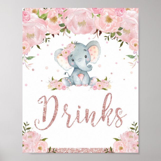 Rosa Blütenlephant Babydusche Getränke Unterwäsche Poster (Vorne)