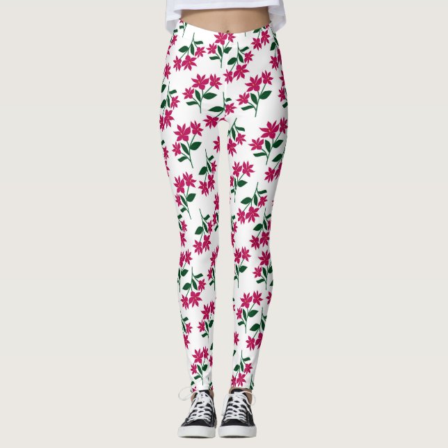 Rosa Blütenmuster auf weißem Hintergrund Leggings (Vorderseite)