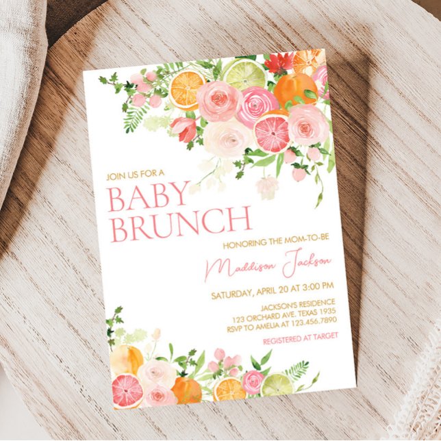 Rosa Blütenorange Zitrusfrüchte-Babydusche Einladung (Girl Lemon Baby Shower Invitation)