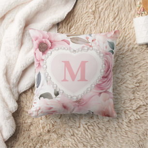 Rosa Blütenperlen-Herz-Monogramm  Kissen
