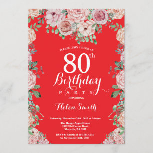 Rosa Blütenpink-Peonies 80. Geburtstag Rot Einladung