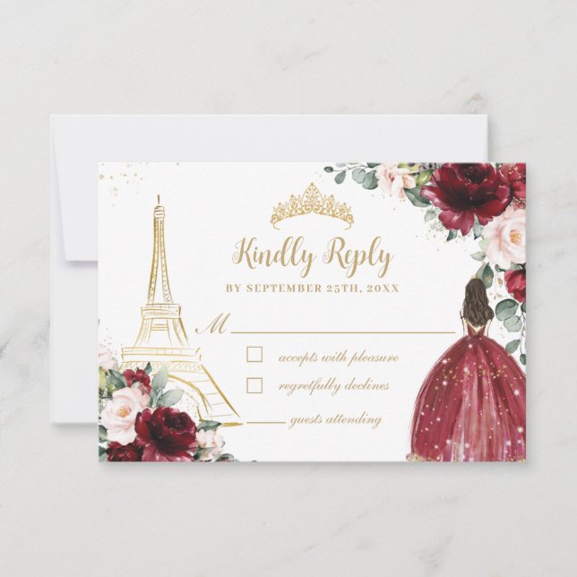 Rosa Blütenpinsel Gold Paris Princess Quinceañera RSVP Karte (Vorderseite)