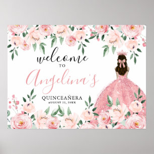 Rosa Blütenpinsel Quinceañera Begrüßungszeichen Poster