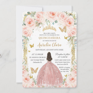 Rosa Blütenpinsel Vintag Gold Quinceñera Einladung