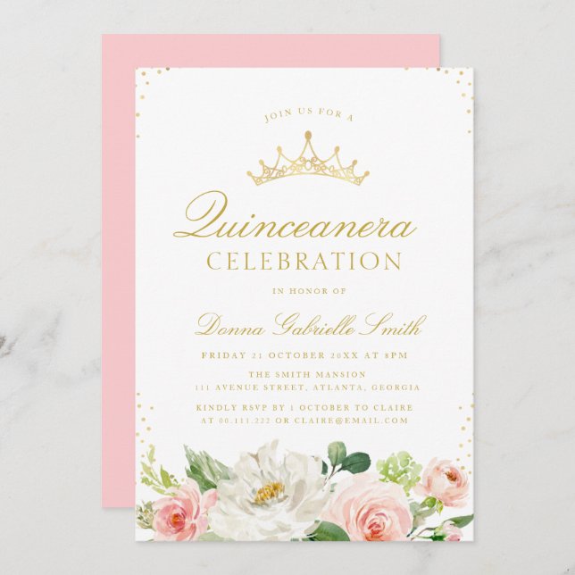 Rosa Blütenpracht Einladung zur Quinceanera (Vorne/Hinten)