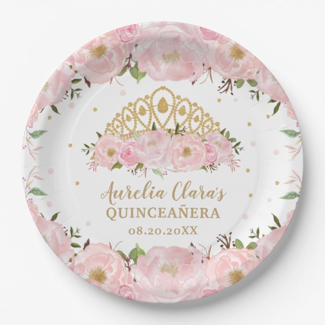 Rosa Blütenpracht Prinzessin Tiara Crown QUINCEAÑE Pappteller (Vorderseite)