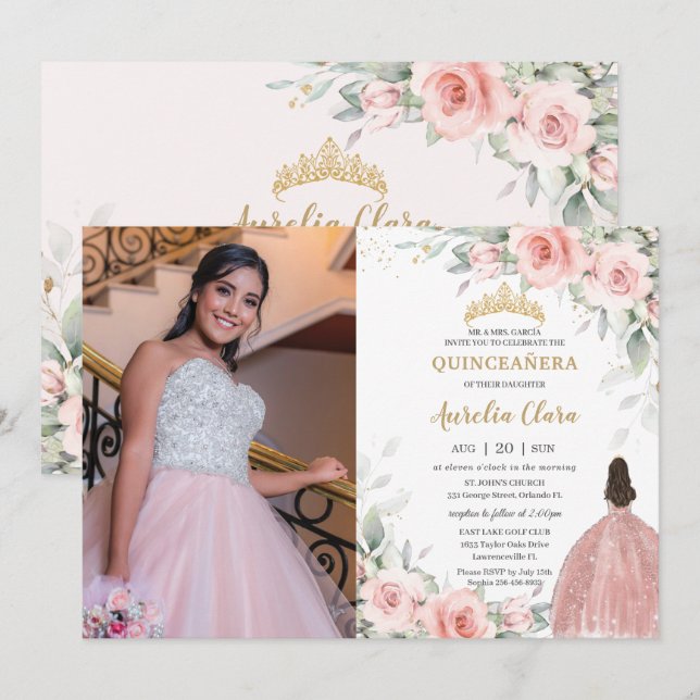 Rosa Blütenpracht Rose Gold Quinceñera Einladung (Vorne/Hinten)