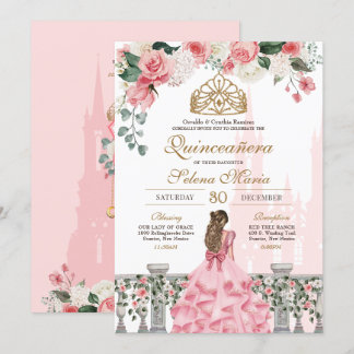 Rosa Blütenpracht und Goldene Prinzessin Fairytale Einladung