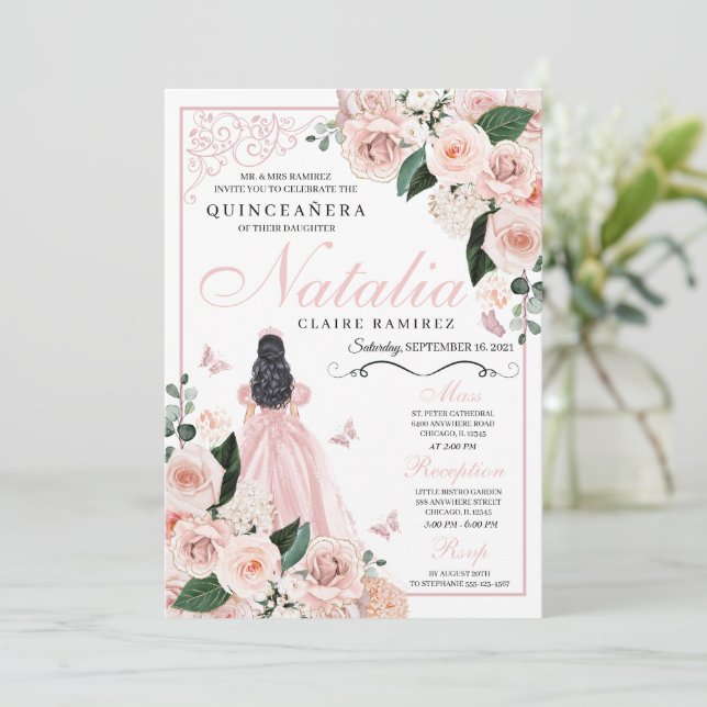 Rosa Blütenprinzessin Quinceanera Einladung (Stehend Vorderseite)