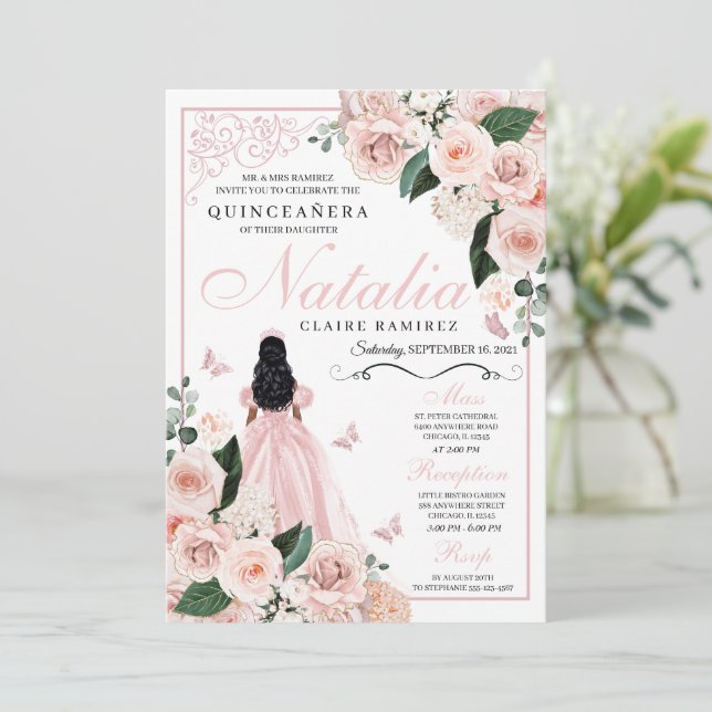 Rosa Blütenprinzessin Quinceanera Einladung (Stehend Vorderseite)