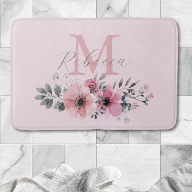 Rosa blütenrosa Aquarellmonogramm Badematte (chic blush pink watercolor floral monogram bath mat)