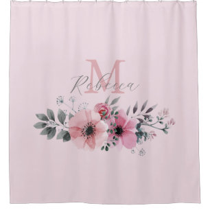 Rosa blütenrosa Aquarellmonogramm Duschvorhang
