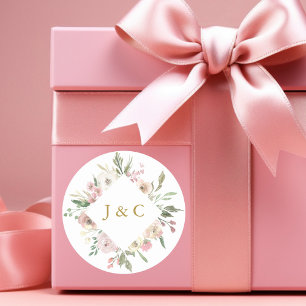 Rosa Blütenrosa-Monogramm-Hochzeit Runder Aufkleber