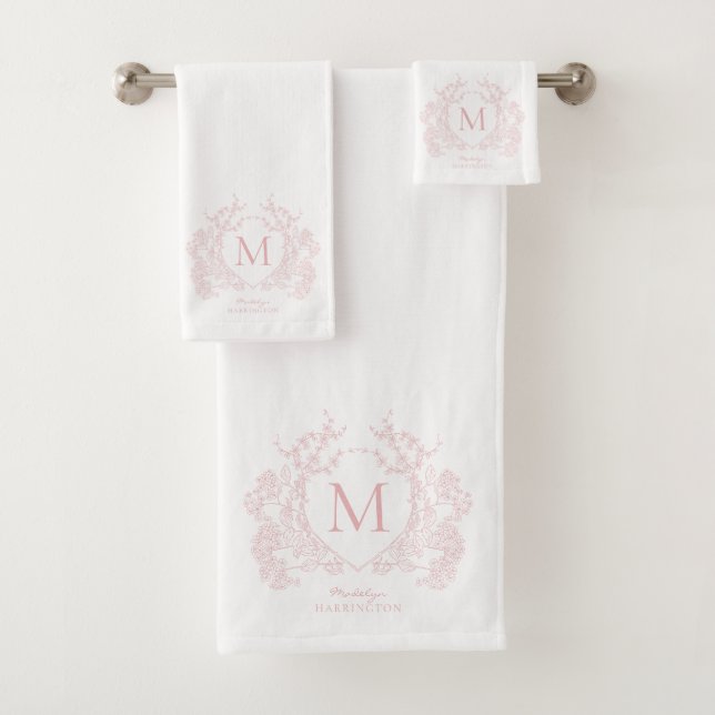 Rosa blütenrosa Wappen Monogramm Badhandtuch Set (Insitu)