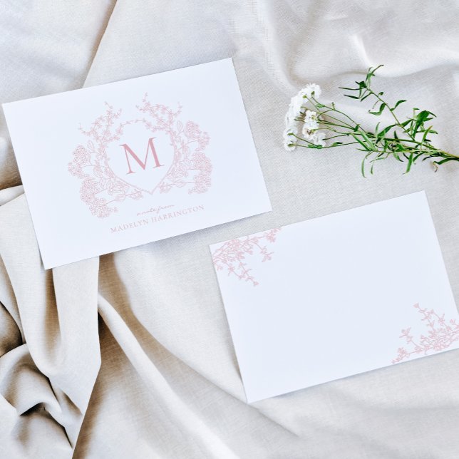 Rosa blütenrosa Wappen Monogramm Mitteilungskarte (Von Creator hochgeladen)