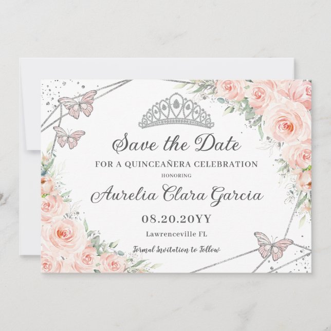 Rosa Blütenrösche Silber Quinceañera 16 . Geburtst Save The Date (Vorderseite)