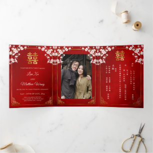Rosa Blütenrot   Foto chinesische Hochzeit Dreifach Gefaltete Einladung