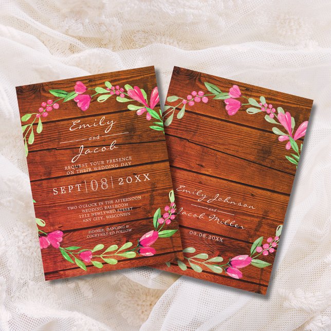 Rosa Blütenrotbraun Rustikale Hochzeit aus Holz Ankündigung (Pink Floral Red Brown Rustic Wood Country Wedding Announcement)