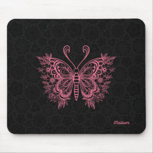 Rosa Blütenschmetterling in Schwarz Mousepad